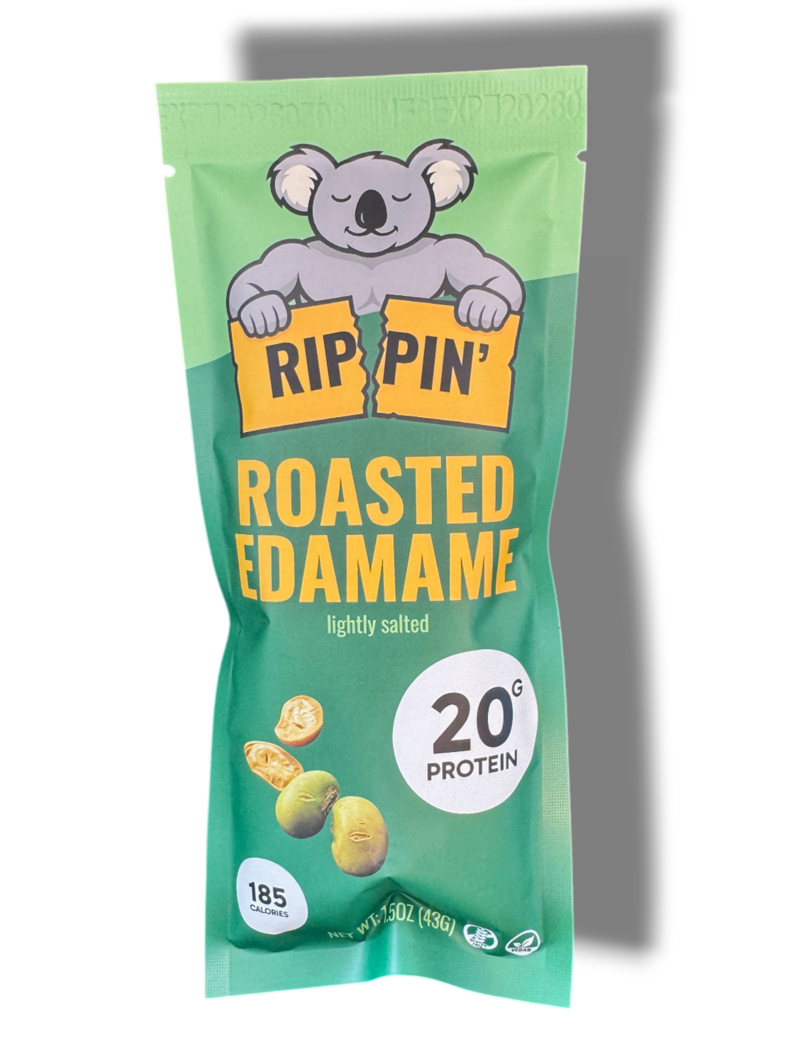 Green package of Rippin Roasted Edamame on a white background